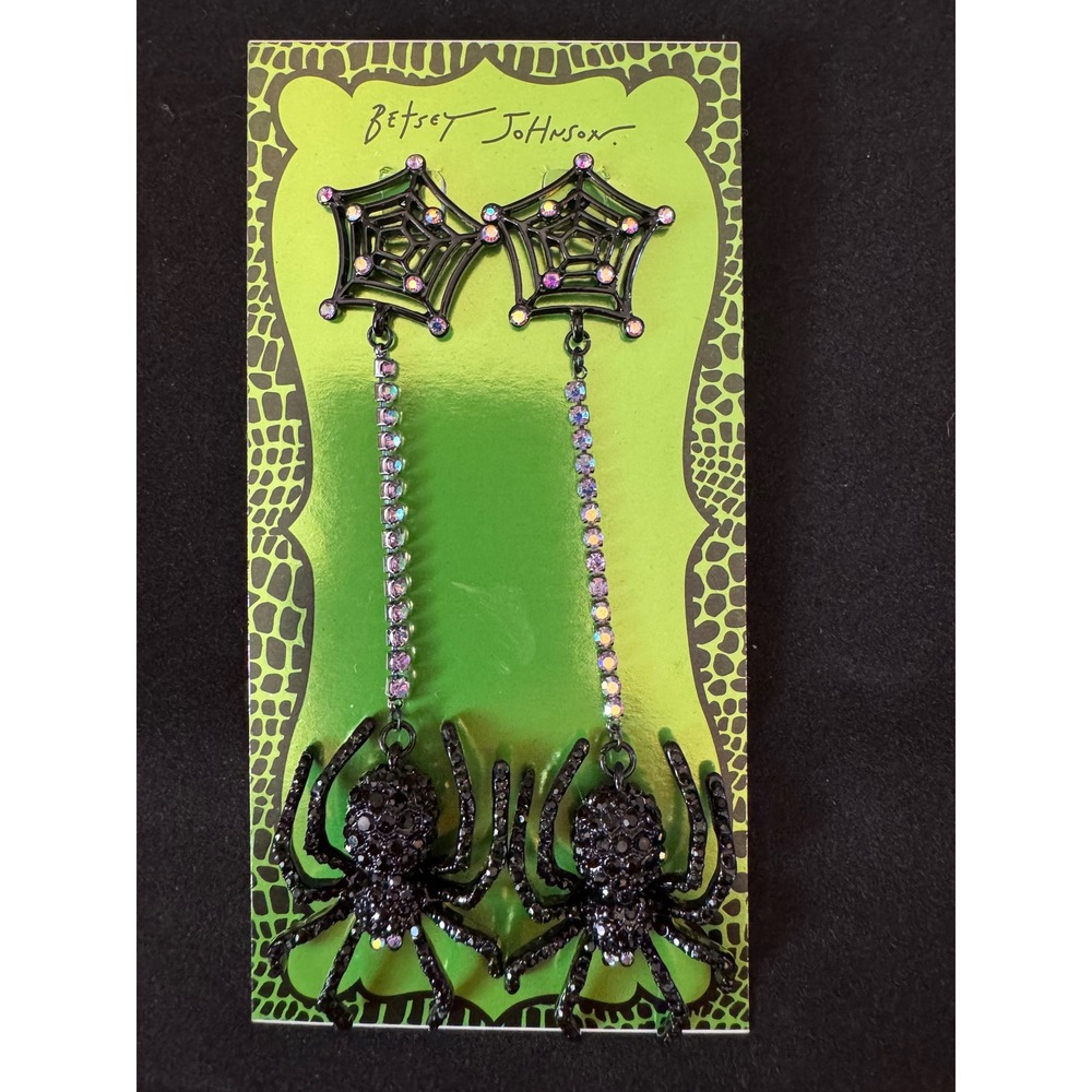 Betsey Johnson Black Pave Spider Web Drop Earrings
